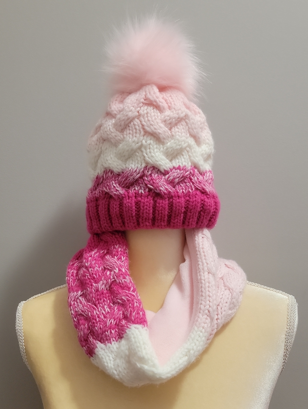 Cozy Pink Ombré Cable Knit Pom Beanie and Scarf Set